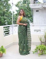 Load image into Gallery viewer, Elegant Green Art Silk Saree with Silver Stripes and Motifs
