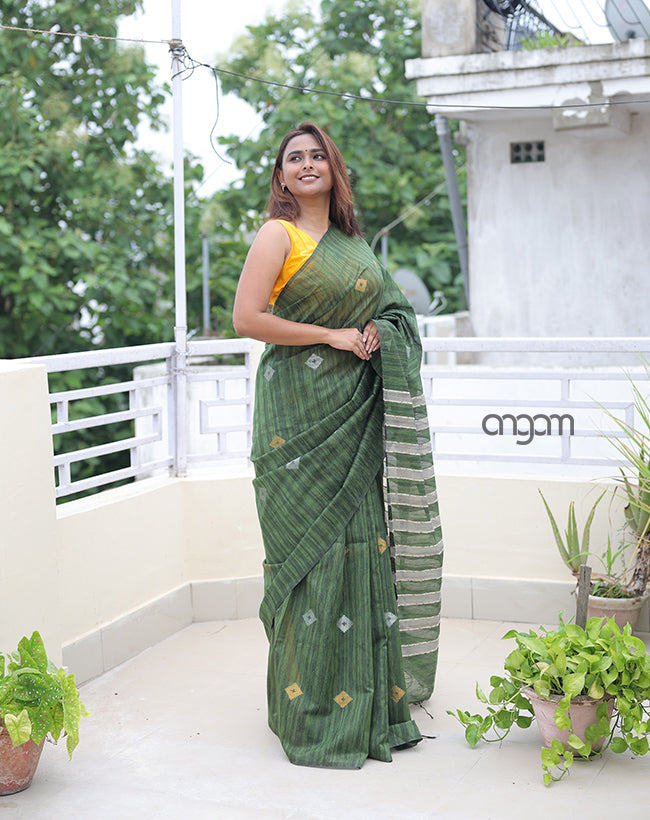 Elegant Green Art Silk Saree with Silver Stripes and Motifs