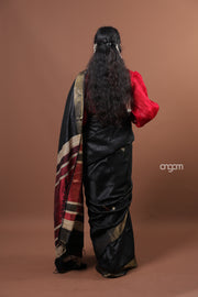 Elegant Black Dupion Silk Saree with Golden Border for Women
