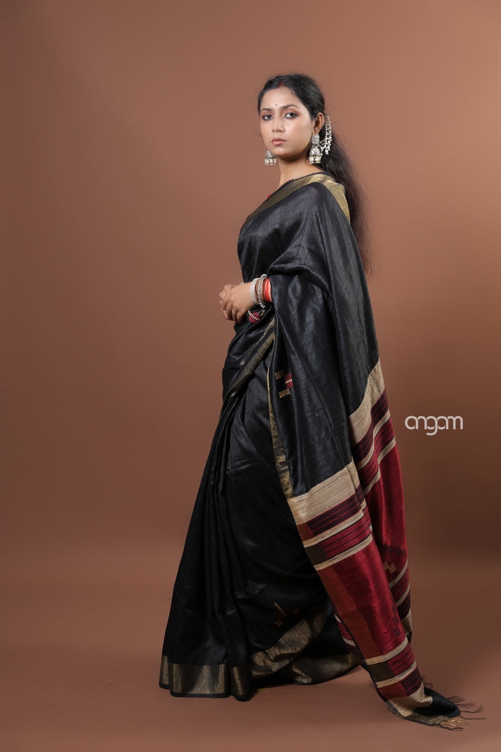 Elegant Black Dupion Silk Saree with Golden Border for Women