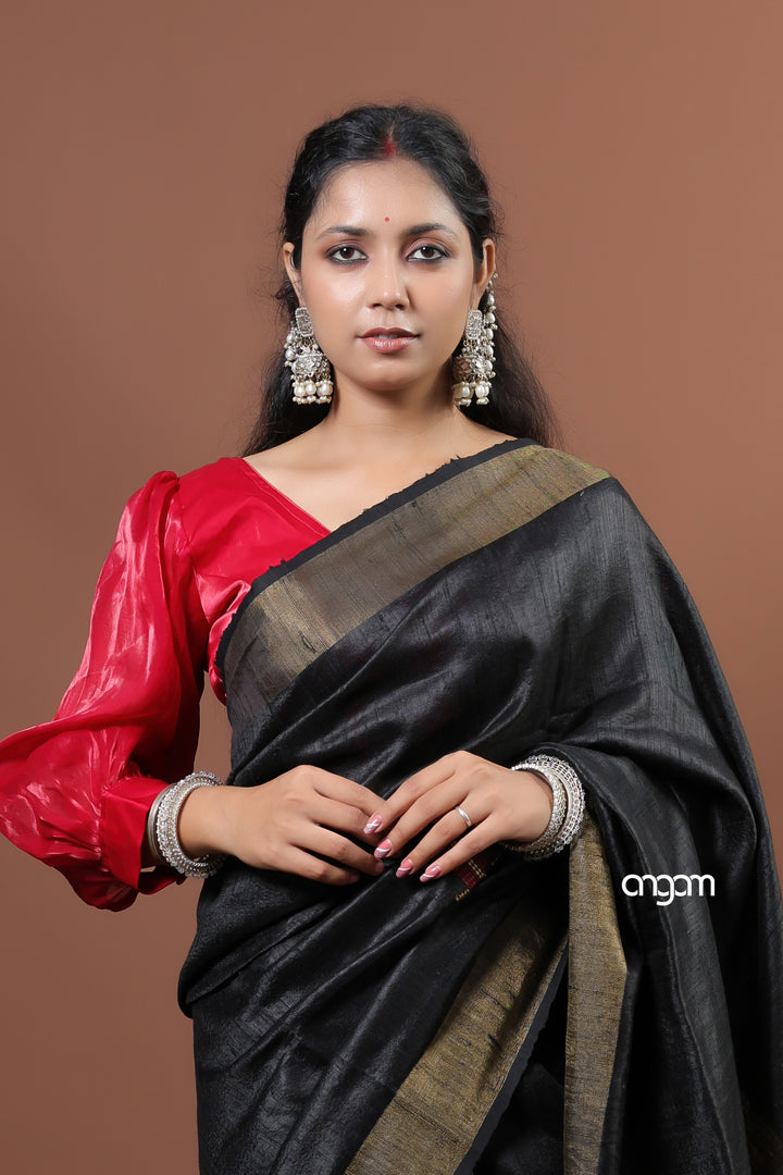 Elegant Black Dupion Silk Saree with Golden Border for Women
