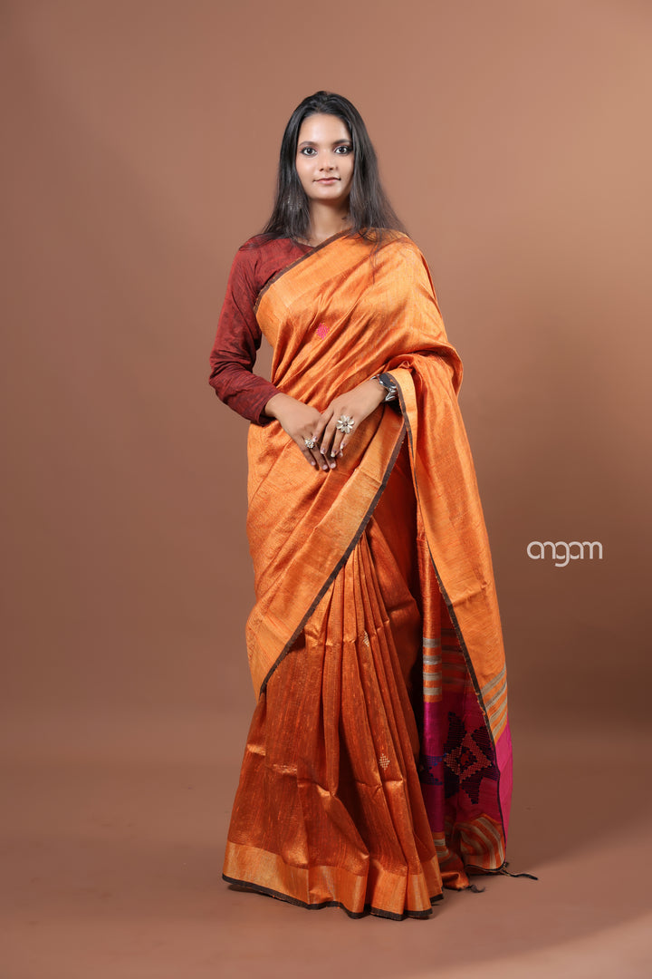 Elegant Orange Dupion Silk Saree with Contrast Border for Women