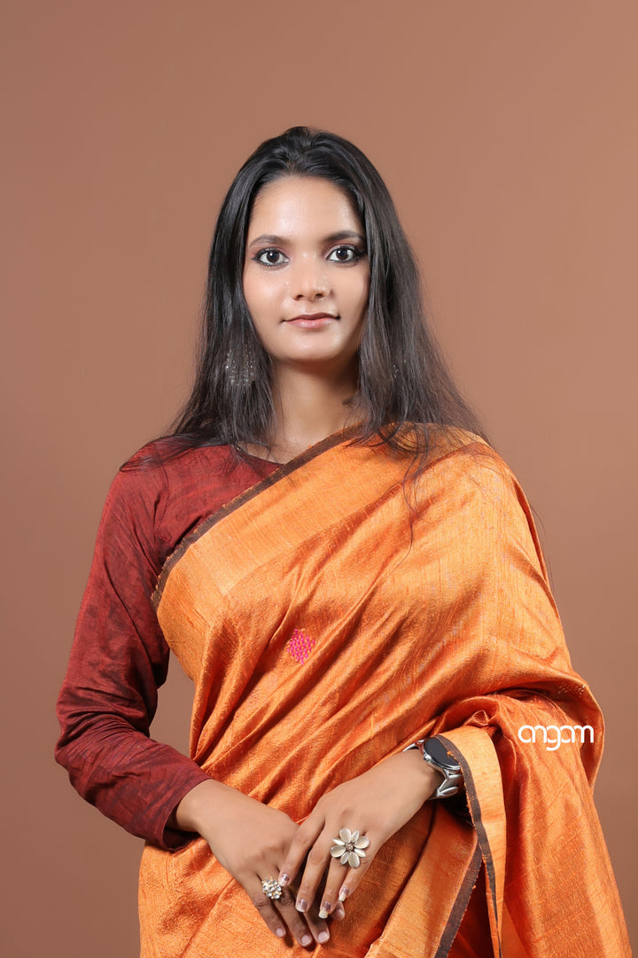 Elegant Orange Dupion Silk Saree with Contrast Border for Women