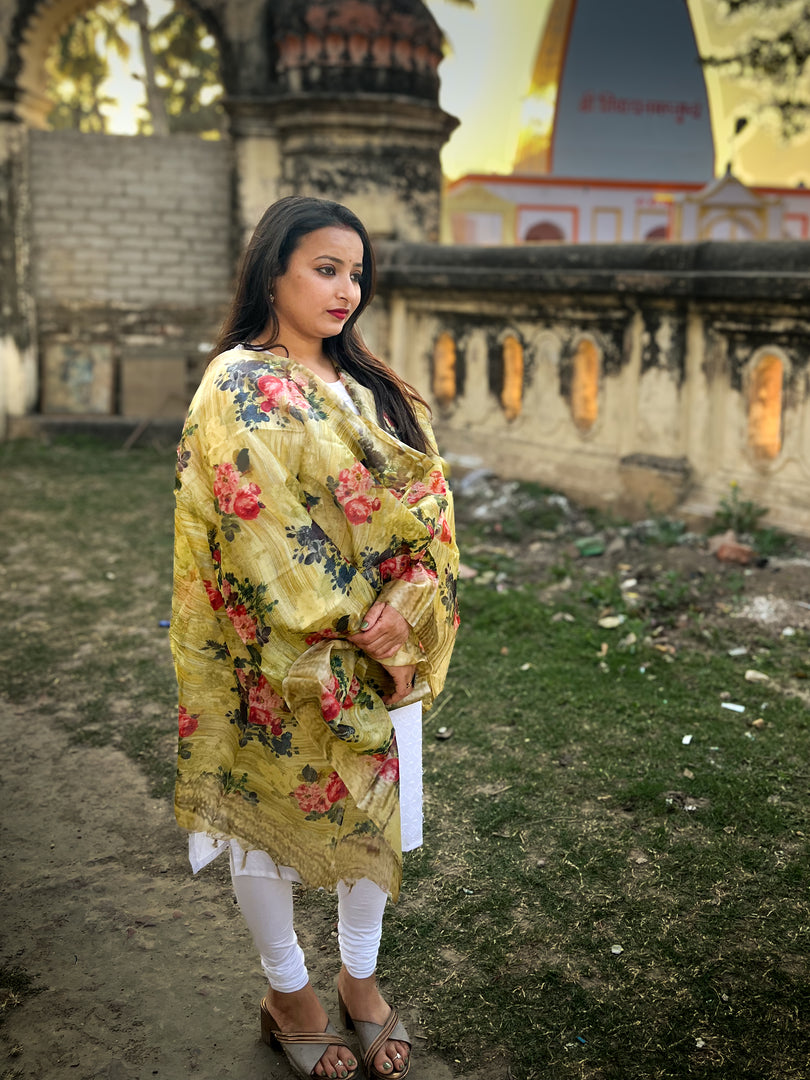 Yellow Tussar Silk Dupatta with Red and Blue Floral Design