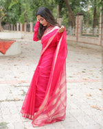 Load image into Gallery viewer, Elegant Pink Organza Saree with Golden Border for Festive Wear
