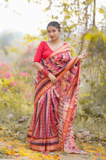 Load image into Gallery viewer, Elegant Red Malbari Silk Saree with Traditional Tribal Patterns
