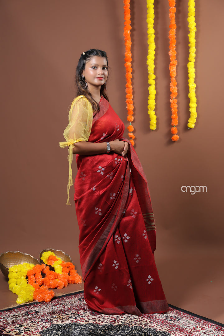 Elegant Red Art Dupion Saree with Woven Motifs and Border