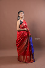 Load image into Gallery viewer, Vibrant Red and Blue Art Dupion Silk Saree with Zari
