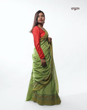 Elegant Green Kolika Hand-Painted Mercerised Cotton Saree with Artful Designs