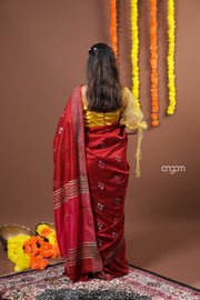 Elegant Red Art Dupion Saree with Woven Motifs and Border