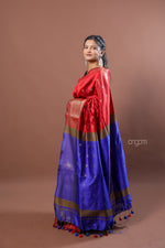 Load image into Gallery viewer, Vibrant Red and Blue Art Dupion Silk Saree with Zari
