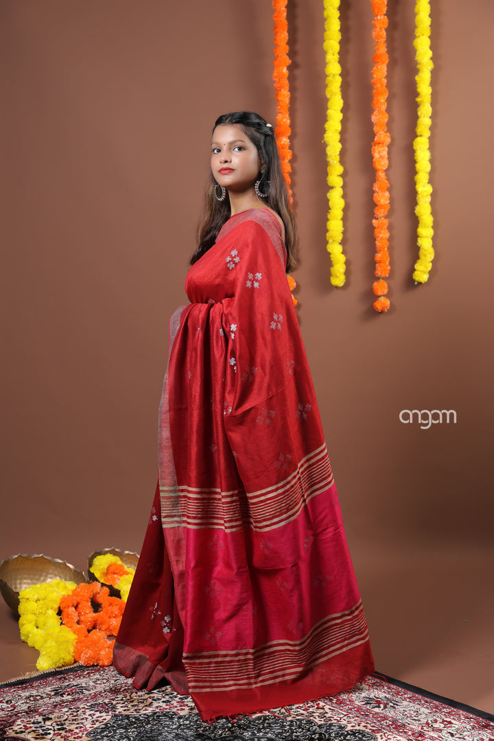 Elegant Red Art Dupion Saree with Woven Motifs and Border