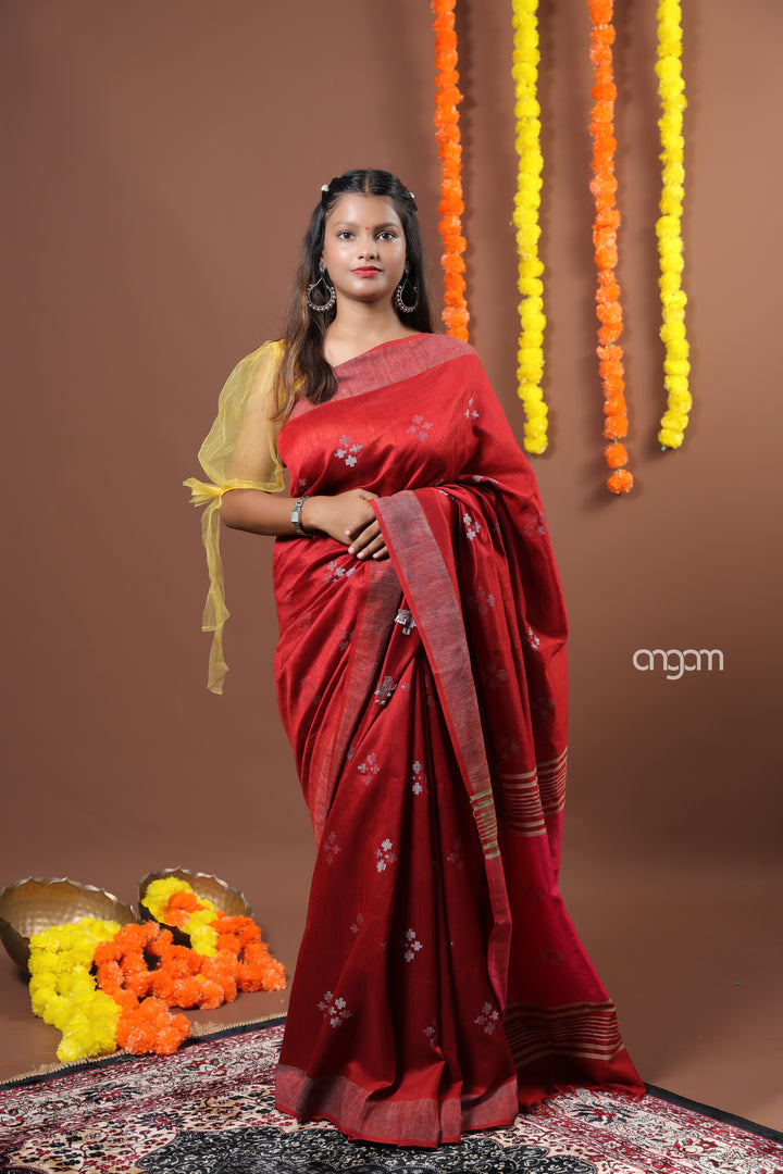 Elegant Red Art Dupion Saree with Woven Motifs and Border