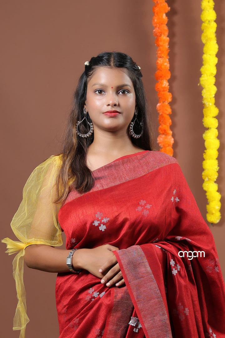 Elegant Red Art Dupion Saree with Woven Motifs and Border