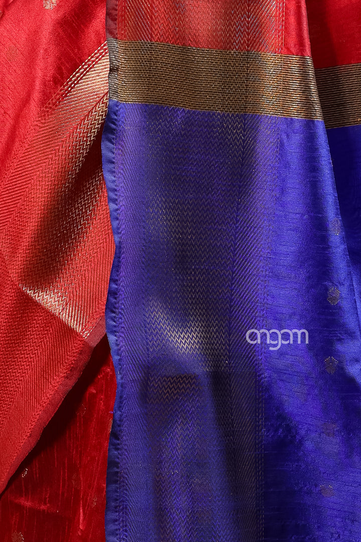 Vibrant Red and Blue Art Dupion Silk Saree with Zari