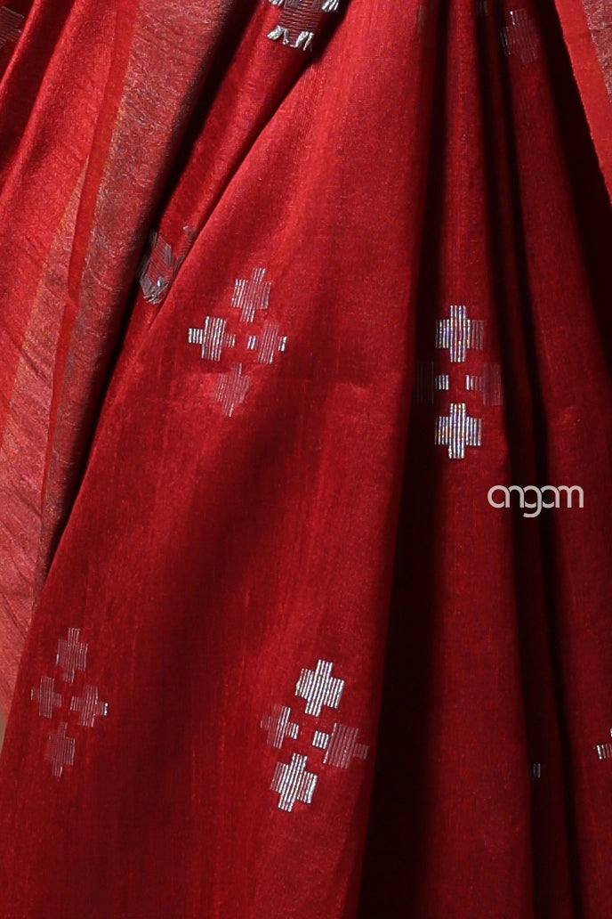Elegant Red Art Dupion Saree with Woven Motifs and Border
