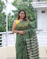 Load image into Gallery viewer, Elegant Green Art Silk Saree with Silver Stripes and Motifs
