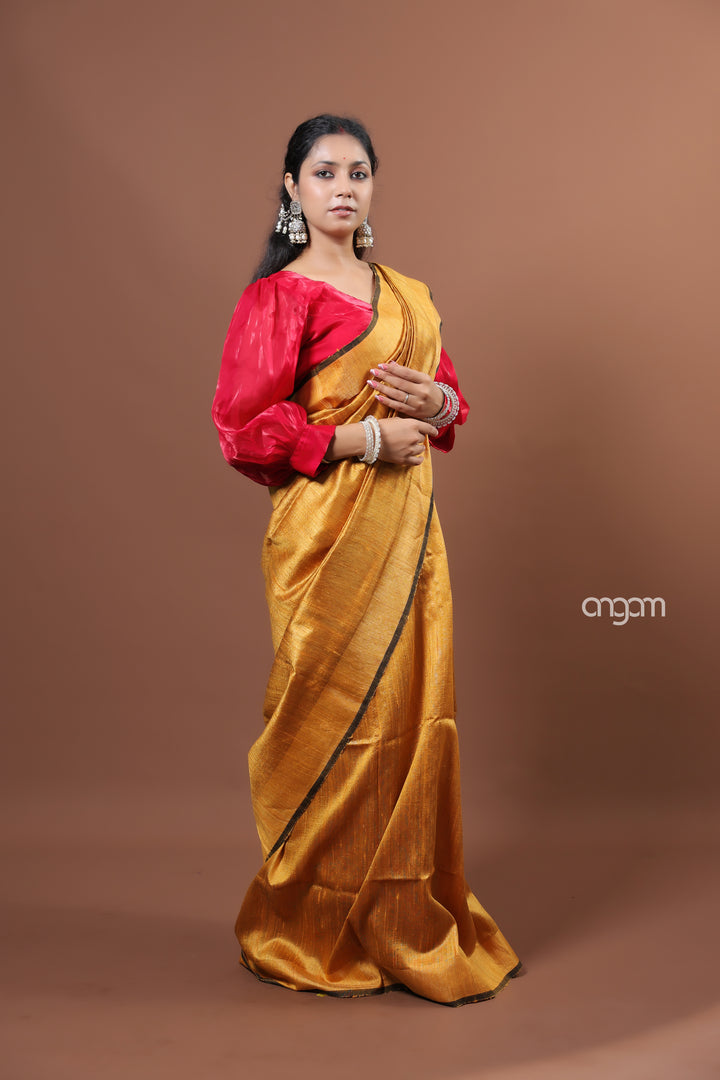 Graceful Golden Dupion Silk Saree with Elegant Contrast Border