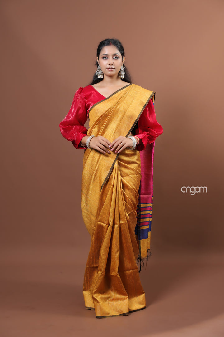 Graceful Golden Dupion Silk Saree with Elegant Contrast Border