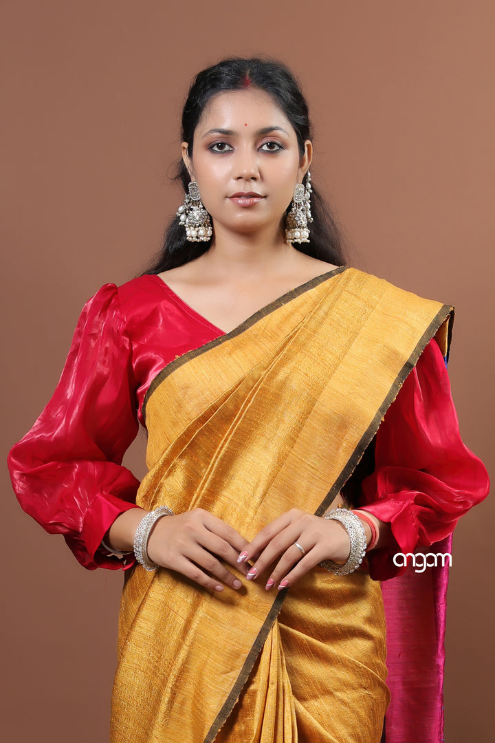Graceful Golden Dupion Silk Saree with Elegant Contrast Border
