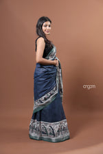 Load image into Gallery viewer, Elegant Navy Blue Cotton Slub Saree with Artistic Border Design
