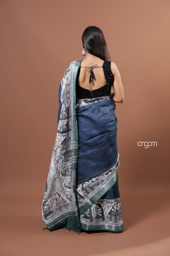 Elegant Navy Blue Cotton Slub Saree with Artistic Border Design