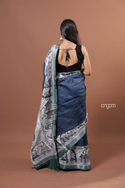 Elegant Navy Blue Cotton Slub Saree with Artistic Border Design