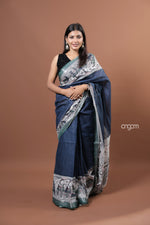 Load image into Gallery viewer, Elegant Navy Blue Cotton Slub Saree with Artistic Border Design
