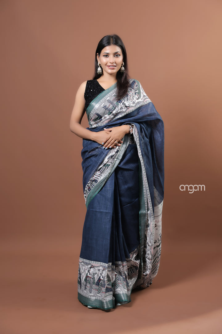 Elegant Navy Blue Cotton Slub Saree with Artistic Border Design