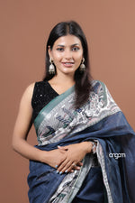 Load image into Gallery viewer, Elegant Navy Blue Cotton Slub Saree with Artistic Border Design
