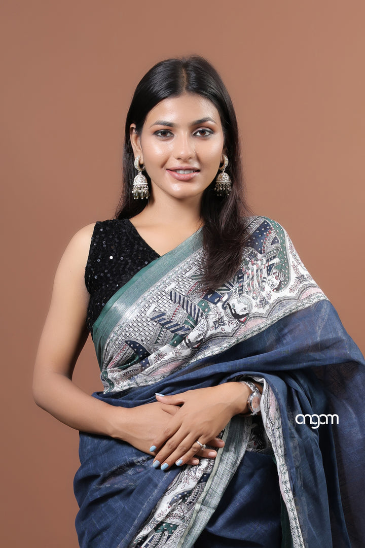 Elegant Navy Blue Cotton Slub Saree with Artistic Border Design