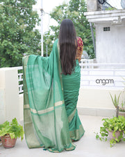 Elegant Green Liva Saree with Zari Border and Striped Pallu