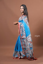 Load image into Gallery viewer, Graceful Blue Cotton Slub Saree with Artistic Contrast Border Design
