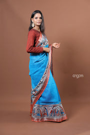 Graceful Blue Cotton Slub Saree with Artistic Contrast Border Design