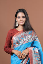 Load image into Gallery viewer, Graceful Blue Cotton Slub Saree with Artistic Contrast Border Design
