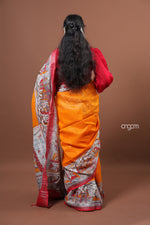 Load image into Gallery viewer, Vibrant Orange Cotton Slub Saree with Traditional Print Border
