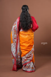 Vibrant Orange Cotton Slub Saree with Traditional Print Border