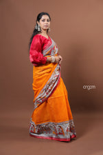 Load image into Gallery viewer, Vibrant Orange Cotton Slub Saree with Traditional Print Border
