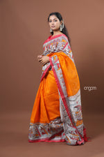 Load image into Gallery viewer, Vibrant Orange Cotton Slub Saree with Traditional Print Border
