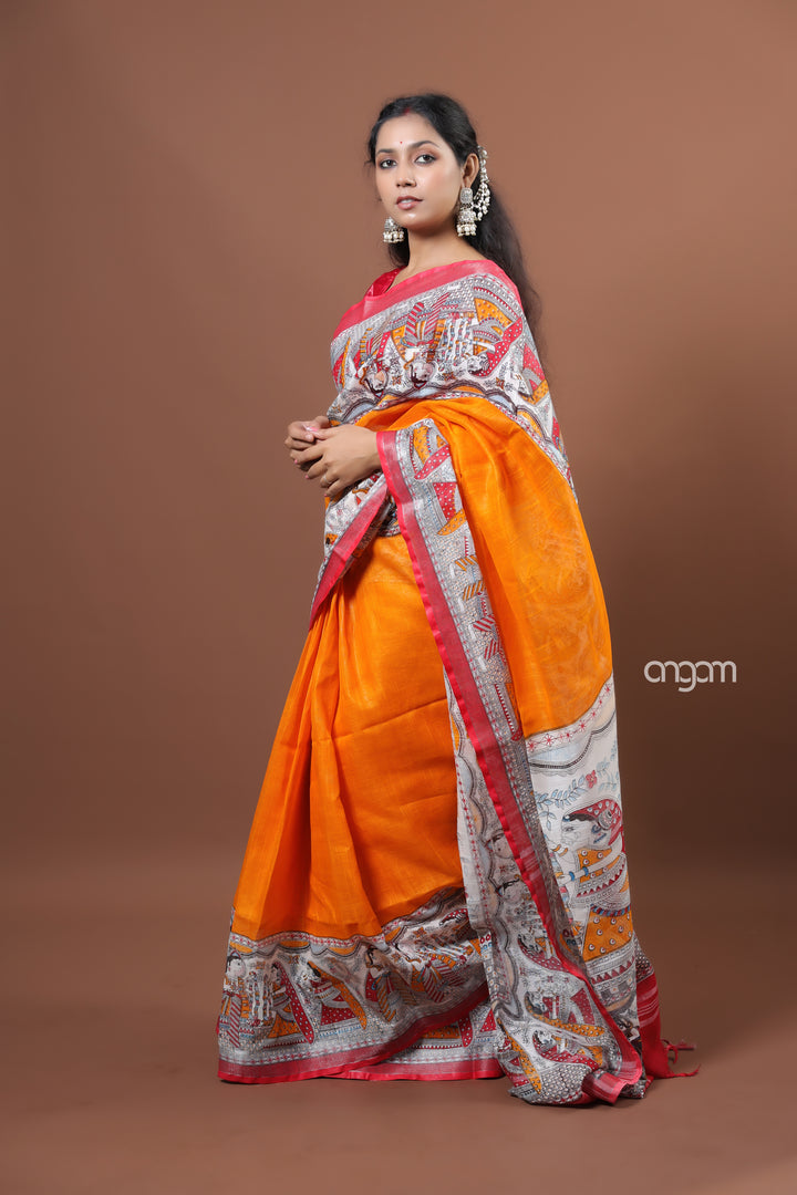 Vibrant Orange Cotton Slub Saree with Traditional Print Border
