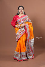 Load image into Gallery viewer, Vibrant Orange Cotton Slub Saree with Traditional Print Border
