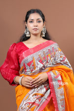 Load image into Gallery viewer, Vibrant Orange Cotton Slub Saree with Traditional Print Border

