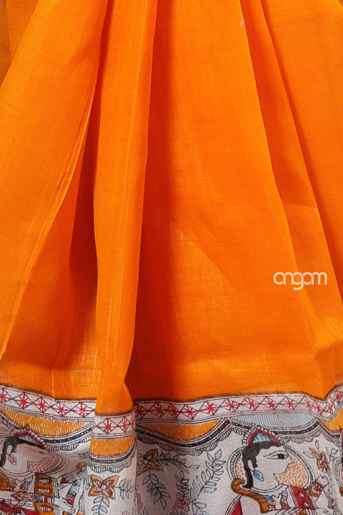 Vibrant Orange Cotton Slub Saree with Traditional Print Border