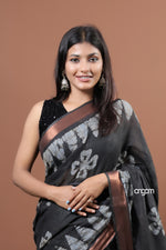 Load image into Gallery viewer, Elegant Black Cotton Slub Saree with Floral Print and Border
