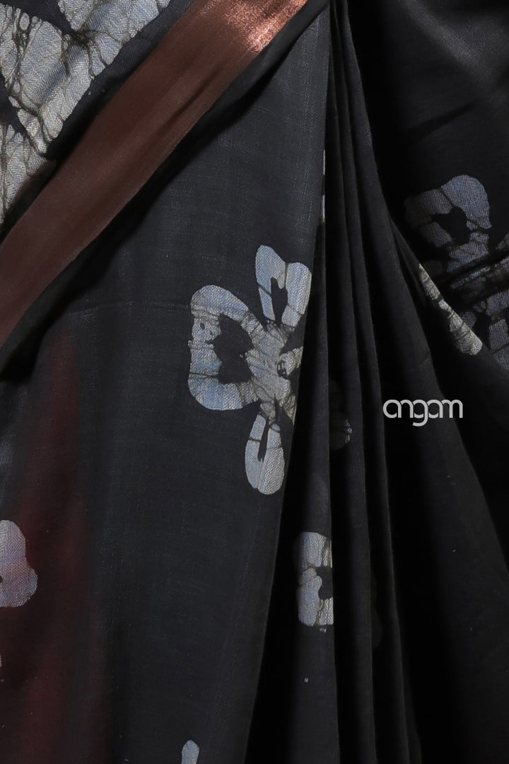 Elegant Black Cotton Slub Saree with Floral Print and Border