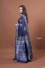 Load image into Gallery viewer, Elegant Navy Blue Cotton Slub Saree with Floral Print Design
