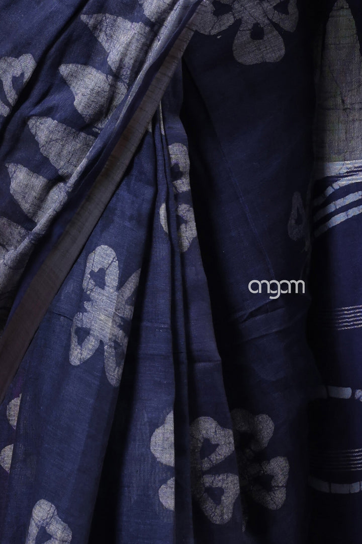 Elegant Navy Blue Cotton Slub Saree with Floral Print Design