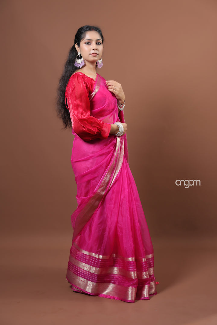 Hot Pink Organza Saree with Zari Border – Festive Elegance