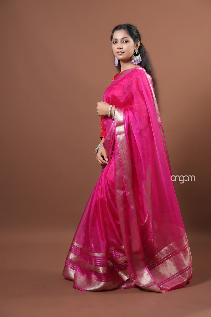 Hot Pink Organza Saree with Zari Border – Festive Elegance