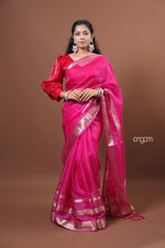 Load image into Gallery viewer, Hot Pink Organza Saree with Zari Border – Festive Elegance
